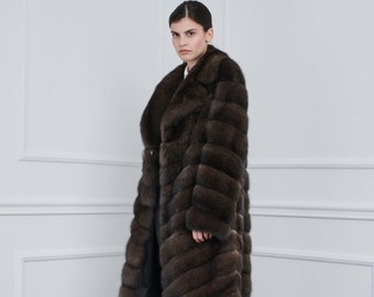 Silvery Sable Fur Coat with Rever Collar Made of 100% Real Fur. Zibellina