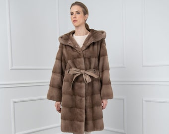 Real Pastel Mink Fur Jacket with Hood and Leather Belt. Real Mink Fur Jacket for Women