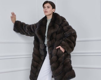 Carbon Sable Fur Jacket with Rever Collar Made of Real Fur. Zobel