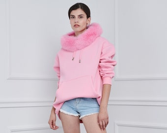 Pink Cotton Hoodie: Detachable Fox Fur Trim