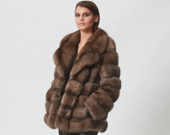 Platinum Sable Fur Short Horizontal Cut Jacket with Rever Collar Made of 100% Real Fur. Zobel