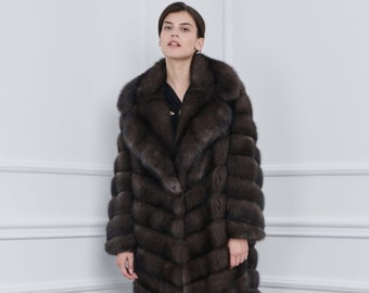 Carbon Sable Fur Coat with Rever Collar Made of 100% Real Fur. Zobel