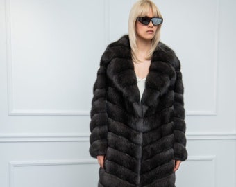 Silvery Sable Coat with wide Rever Collar Made of 100% Real Fur. Zibellina