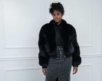 Black Fox Fur Bomber Made of 100% Genuine Mink Fur