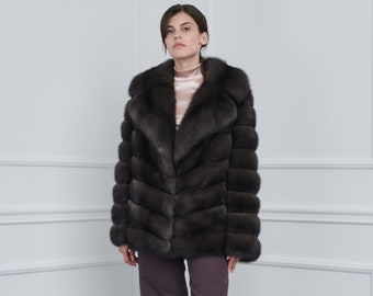 Lutezia Sable Fur Jacket with Rever Collar Made of 100% Real Fur. Zobel