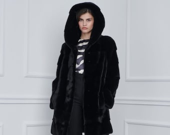 Black Mink Fur Long Jacket with Hood Made of 100% Real Mink Fur