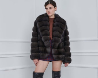 Lutezia Sable Fur Jacket with Rever Collar Made of 100% Real Fur