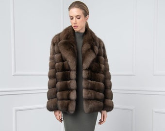 Platinum Sable Fur Chevron Cut Short Jacket with Rever Collar. 100% Real Fur. Zobel