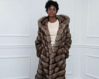 Lavander Sable Fur Coat with Hood Made of 100% Real Fur. Zibellina