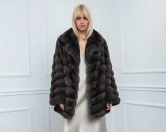 Silvery Sable Fur Jacket with Rever Collar Made of 100% Real Fur. Zobel