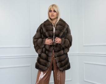 Platinum Sable Fur Jacket with Parquet Sleeve Made of 100% Real Fur. Zibellina