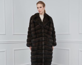 Dark Sable Fur Coat with Wing Collar Made of 100% Real Fur. Zobel