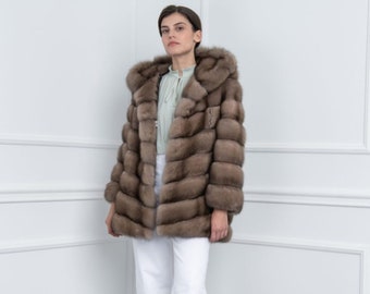 Lavander Sable Fur Jacket with Hood Made of 100% Real Fur. Zobel