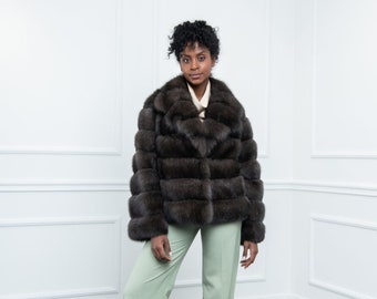 Silvery Sable Fur Short Jacket with Rever Collar Made of 100% Real Fur. Zibellina