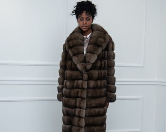 Sable Platinum Fur Coat with Long Shawl Collar Made of 100% Real Fur. Zobel