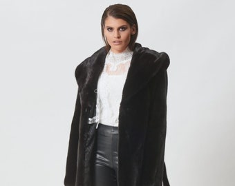 Black Mink Fur Hooded Jacket with Belt - Custom Made