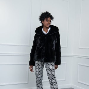 Black Mink Fur Jacket with Hood - Straight Fit