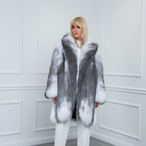 Gray and White Fox Fur Jacket Made of 100% Real Fox Fur