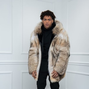Herren Koyote Pelzjacke mit Kapuze aus 100% echtem Pelz