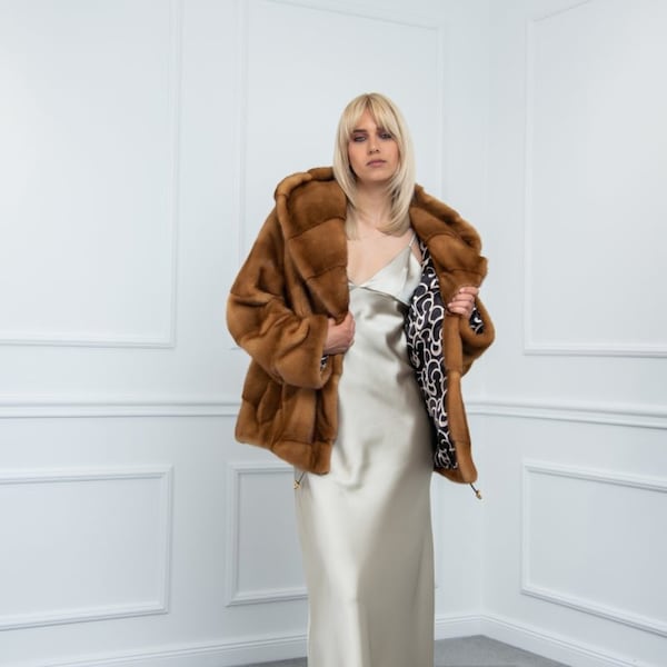 Gold Mink Fur Jacket with Hood Made of 100% Real Fur