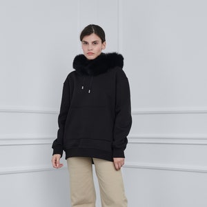 Black Sweatshirt with Fox Fur Made of 100% Real Fox Skins