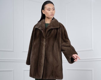 Real Brown Mink Swing Fur Jacket with Wing Collar