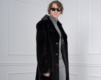 Men's Black Mink Fur Coat with Button Closure