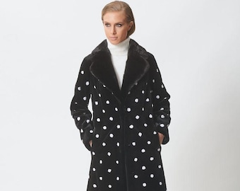 Black Short Sheared Mink Fur Coat with White Pois