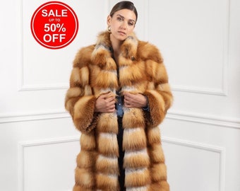 Luxury Golden Fox Fur Coat: Handmade Women Frost Fur Long Jacket