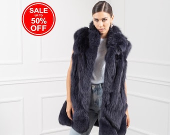Dark Blue Fox Sections Fur Vest with Rever Collar