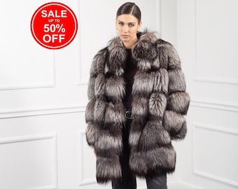 Silver Fox Fur Jacket With Stand Collar