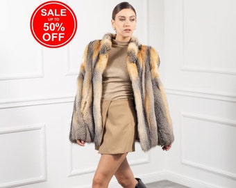 Gray Fox Fur Short Jacket with Stand Collar