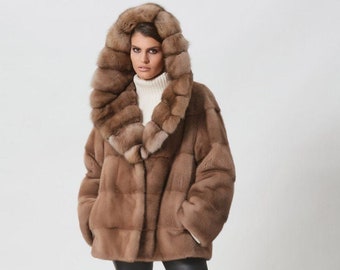 Pastel Mink Fur Short Jacket with Tortora Sable Hood