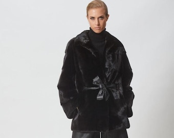 Black Mink Fur Jacket With Leather Belt