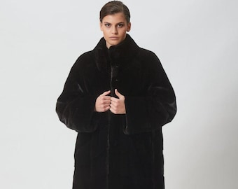 フード付きの黒いミンクの毛皮のロングコート - Etsy 日本