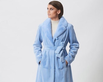 Light Blue Fur Short Sheared Mink Coat with Fur Belt