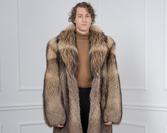 Men&#39;s Brown Finn Raccoon Fur Coat