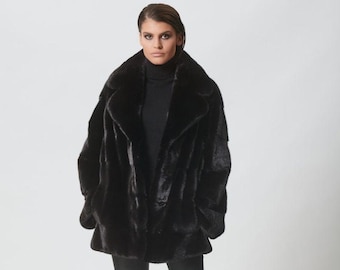 Black Mink Fur Short Jacket with Rever Collar