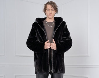 Chaqueta de piel de visón negra con capucha y cremallera para hombre