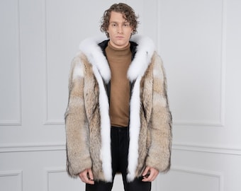 Men's Coyote Fur Hooded Jacket with Zipper