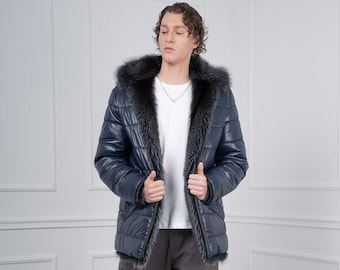 Men&#39;s Blue Finn Raccoon Fur Reversible Jacket