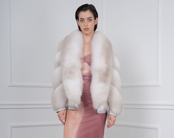 Beige Fox Fur Jacket: Saga Furs, Shawl Collar, Custom Made