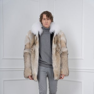 Herren Coyote Kapuzenpelzjacke mit Reißverschluss