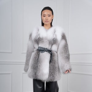 White and Gray Fox Fur Jacket with Belt