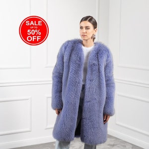 Manteau sans col en fourrure de renard bleu