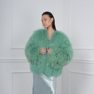 Light Green Mongolian Lamb Fur Collarless Jacket