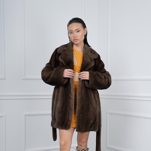 Real Brown Mink Fur Jacket with Fur Belt