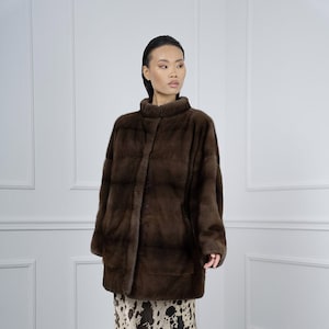 Brown Mink Fur Jacket with Short Stand Collar