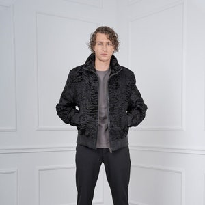 Men&#39;s Black Swakara Fur Bomber with Stand Collar