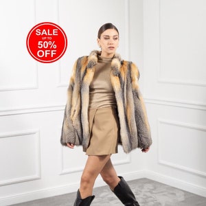 Gray Fox Fur Short Jacket with Stand Collar